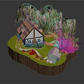Charming Wooden Cabin with Weeping Willows Lush Lawn Stone Pathway and Small Shed