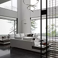Modern Living Room Interior With Spiral Pendant Light Large Windows Mountain View And Marble Wall
