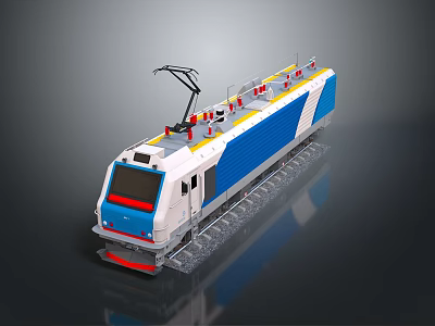 Modern Blue and White Electric Train With Pantograph Top Red Details On Tracks 3d model