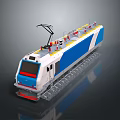 Modern Blue and White Electric Train With Pantograph Top Red Details On Tracks 3d model