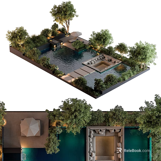 Modern Water Fountain Landscape With Lush Trees Stone Pathway Seating Area And Lighting 3d model 