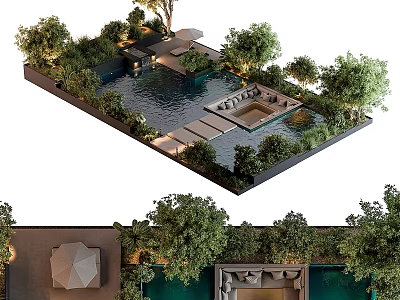 Modern Water Fountain Landscape With Lush Trees Stone Pathway Seating Area And Lighting 3d model