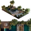 Modern Water Fountain Landscape With Lush Trees Stone Pathway Seating Area And Lighting