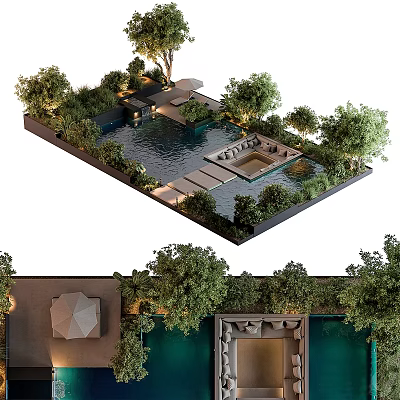 Modern Water Fountain Landscape With Lush Trees Stone Pathway Seating Area And Lighting 3d model