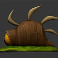 Cartoon Bug Character With Brown Shell Yellow Horns Yellow Eyes And Green Leaf Base