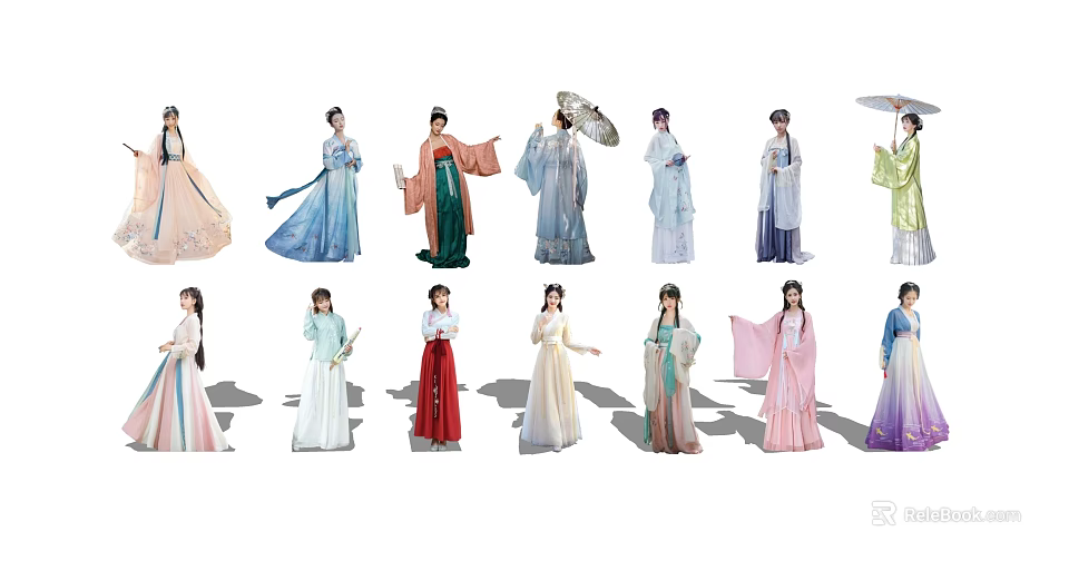Women Posing In Various Colored Traditional Chinese Ancient Costumes With Elegant Postures 3d model 