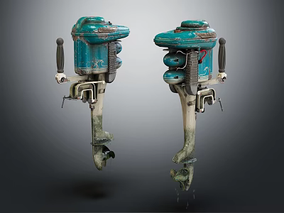 Blue Outboard Engines With Vintage Design And Rusty Worn Appearance For Boats 3d model