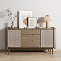 Modern Entryway Cabinet Sideboard With Rattan Doors Drawers Potted Plant And Framed Art