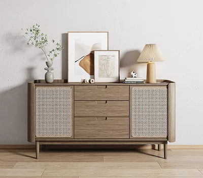 Modern Entryway Cabinet Sideboard With Rattan Doors Drawers Potted Plant And Framed Art 3d model