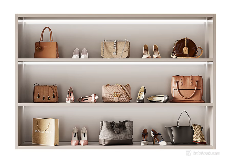 Stylish Display Shelf With Different Style Bags And Matching Shoes On Three Layers 3d model 