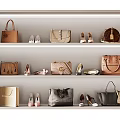 Stylish Display Shelf With Different Style Bags And Matching Shoes On Three Layers