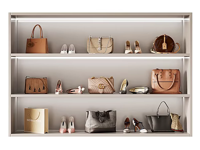 Stylish Display Shelf With Different Style Bags And Matching Shoes On Three Layers 3d model