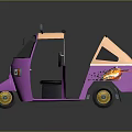 Purple Auto Rickshaw With Open Cabin Pink Top Checkered Seats And Flame Decal