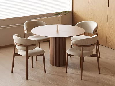 Round Dining Table And Chair Set With Wooden Frame Light Cushions Wooden Cabinets And Window 3d model