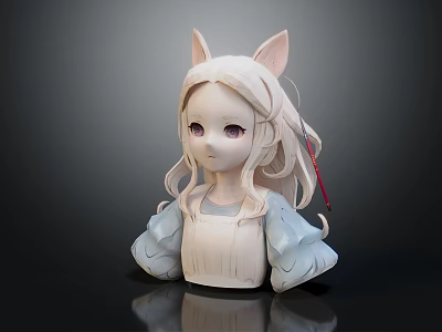 3D Model of Cat Ears Girl with Long Curly Hair and Blue Outfit 3d model