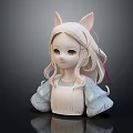 3D Model of Cat Ears Girl with Long Curly Hair and Blue Outfit