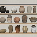 Ceramic Vessels Displayed On Wooden Shelves With Various Textures And Traditional Designs