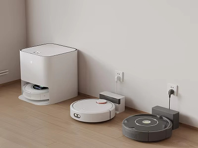 White And Gray Smart Robotic Vacuum Cleaners With Charging Docks Against Wall On Wooden Floor 3d model