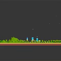 Cartoon City Scene With Green Trees Buildings Roads And Blue Water Area