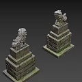 Ancient Traditional Stone Lion Statues With Intricate Carved Details On Pedestals