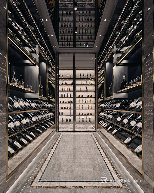 Luxury Modern Wine Cellar Interior With Rows Of Wine Bottles Metal Racks And Ambient Lighting 3d model 
