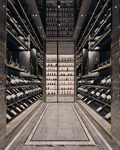 Luxury Modern Wine Cellar Interior With Rows Of Wine Bottles Metal Racks And Ambient Lighting 3d model