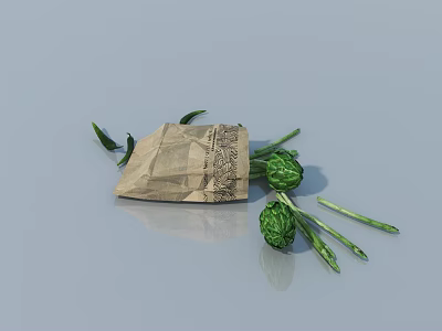 Brown Paper Bag With Patterns And Fresh Green Artichokes Stems 3d model
