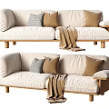 Beige Fabric Double Sofa With Wooden Legs Cozy Pillows And Throw Blanket