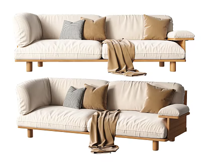 Beige Fabric Double Sofa With Wooden Legs Cozy Pillows And Throw Blanket 3d model