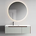 Modern White Bathroom Vanity With Backlit Round Mirror And Black Faucet