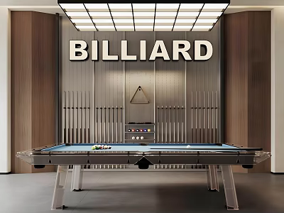 Modern Billiard Room Interior With Glass Table Cues And Overhead Lighting 3d model