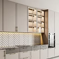Contemporary Kitchen With Beige Cabinets Chevron Backsplash And Wine Storage