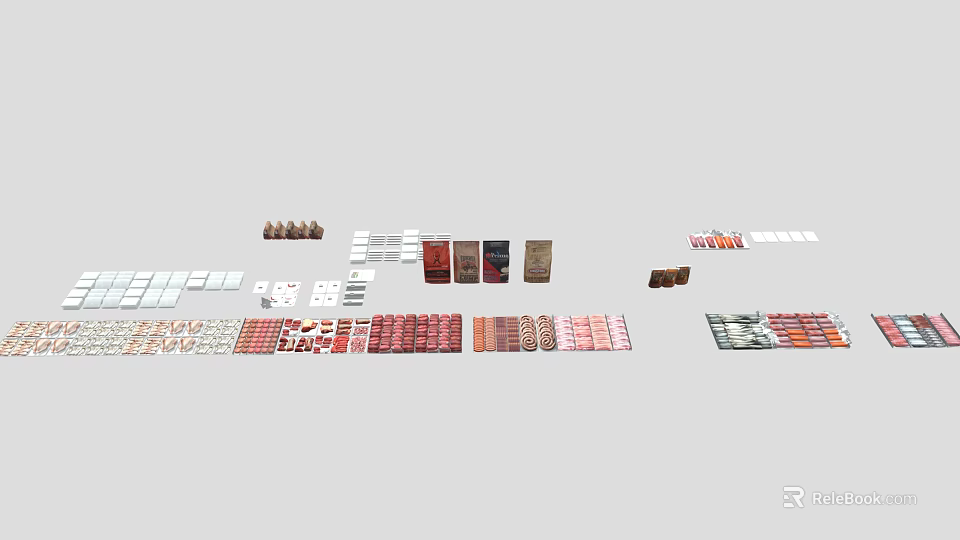 Assorted Food Packages With Various Colors And Different Shapes Neatly Arranged Display Collection 3d model 
