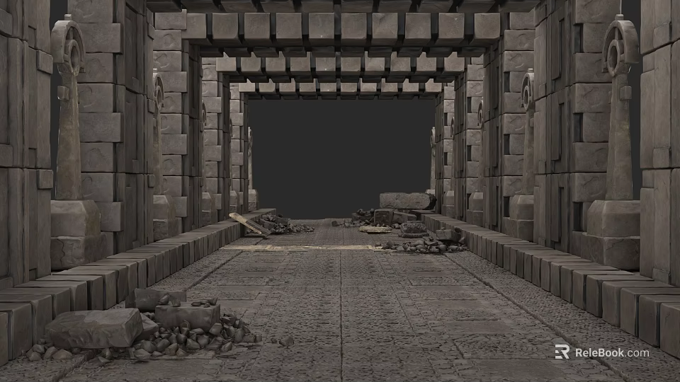 Ancient Ruin Entrance With Arched Stone Gate Stone Walls And Rubble Stones 3d model 