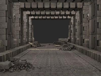 Ancient Ruin Entrance With Arched Stone Gate Stone Walls And Rubble Stones 3d model