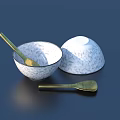 Stylish Tableware Set Featuring Open And Covered Bowls With Speckled Pattern And Golden Spoons 3d model