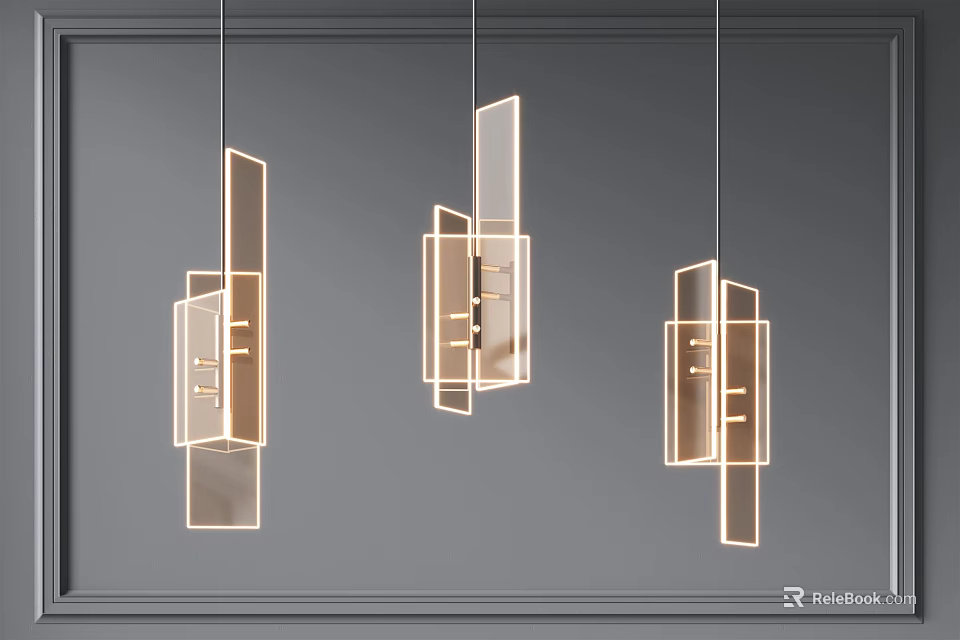 Three Modern Geometric Chandeliers With Rectangular Frames Hanging Against Gray Background 3d model