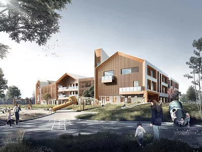 Modern School Building With Wooden Facade Green Playground Slide And Children Playing 3d model