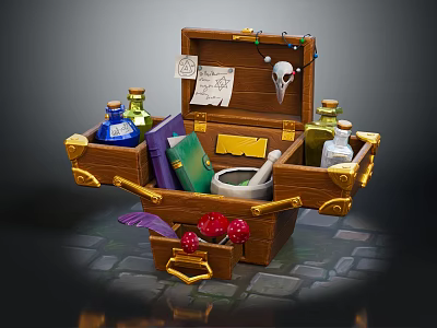 Wooden Chest Filled With Potion Bottles Books Scroll Skull Mortar And Pestle Mushrooms 3d model
