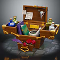 Wooden Chest Filled With Potion Bottles Books Scroll Skull Mortar And Pestle Mushrooms
