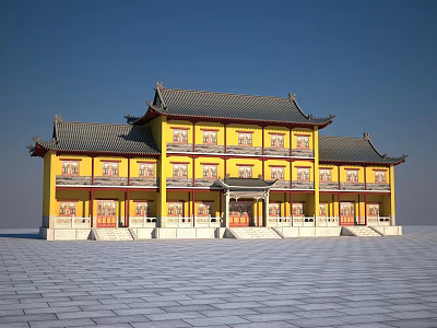 Ancient Chinese Architecture With Yellow Walls Gray Tiled Roofs And Stone Paved Square 3d model