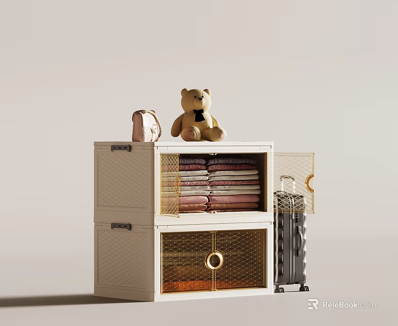 White Cabinet With Teddy Bear Pink Bag Open Compartments Pink Towels And Metal Basket 3d model 