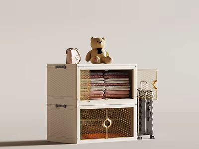 White Cabinet With Teddy Bear Pink Bag Open Compartments Pink Towels And Metal Basket 3d model