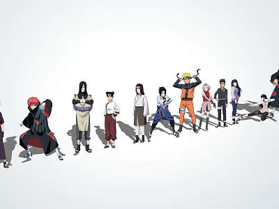 Diverse Game And Movie Characters With Unique Outfits Standing In A Line Against White Background 3d model