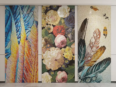 Colorful Mosaic Art Decorations With Plants Flowers Feathers 3d model