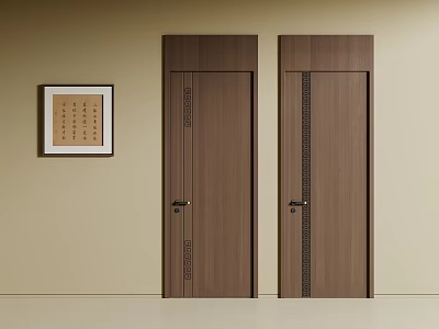 Contemporary Wooden Hinged Doors With Decorative Vertical Lines And Framed Calligraphy Artwork 3d model