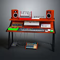 Wooden Music Production Workstation With Speakers Keyboard Mixing Gear And Audio Cables