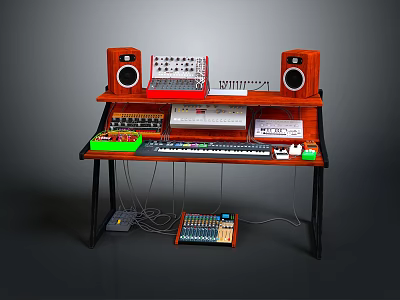 Wooden Music Production Workstation With Speakers Keyboard Mixing Gear And Audio Cables 3d model