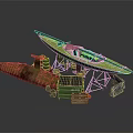 Old Wooden Boat On Metal Stand With Green Crate And Wooden Box
