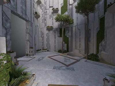 Modern Building Courtyard With Stone Walls Geometric Floor Vertical Gardens And Trees 3d model